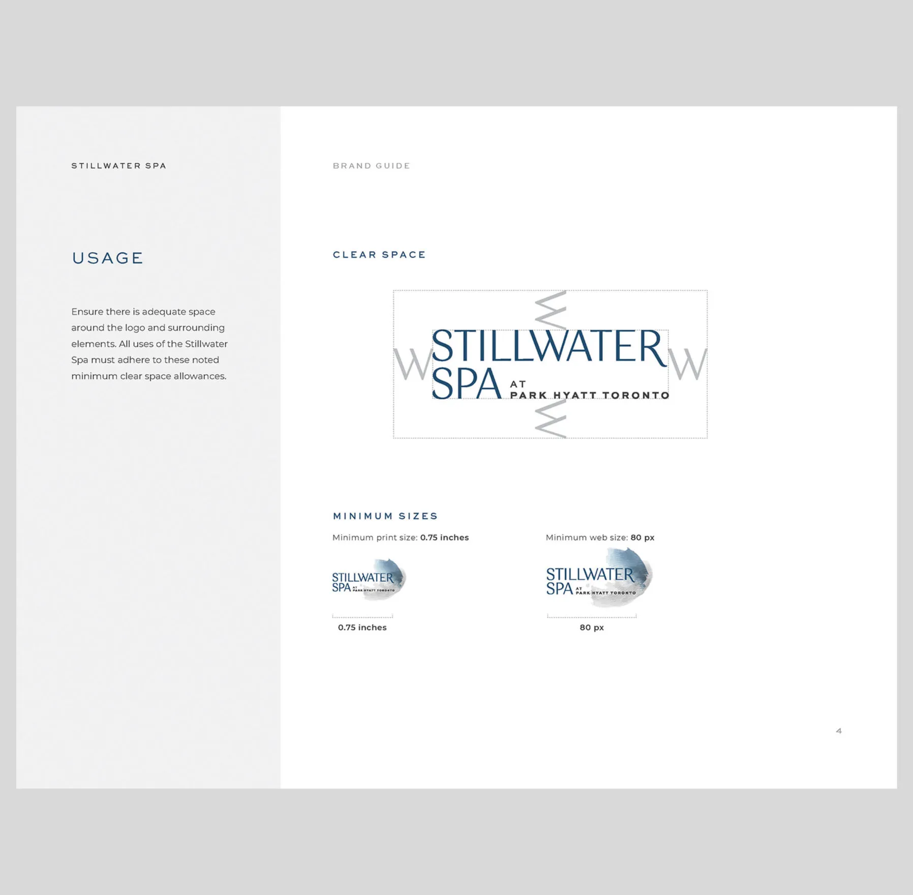 Stillwater Spa brand guide page showing usage and minimum sizes for the logo.