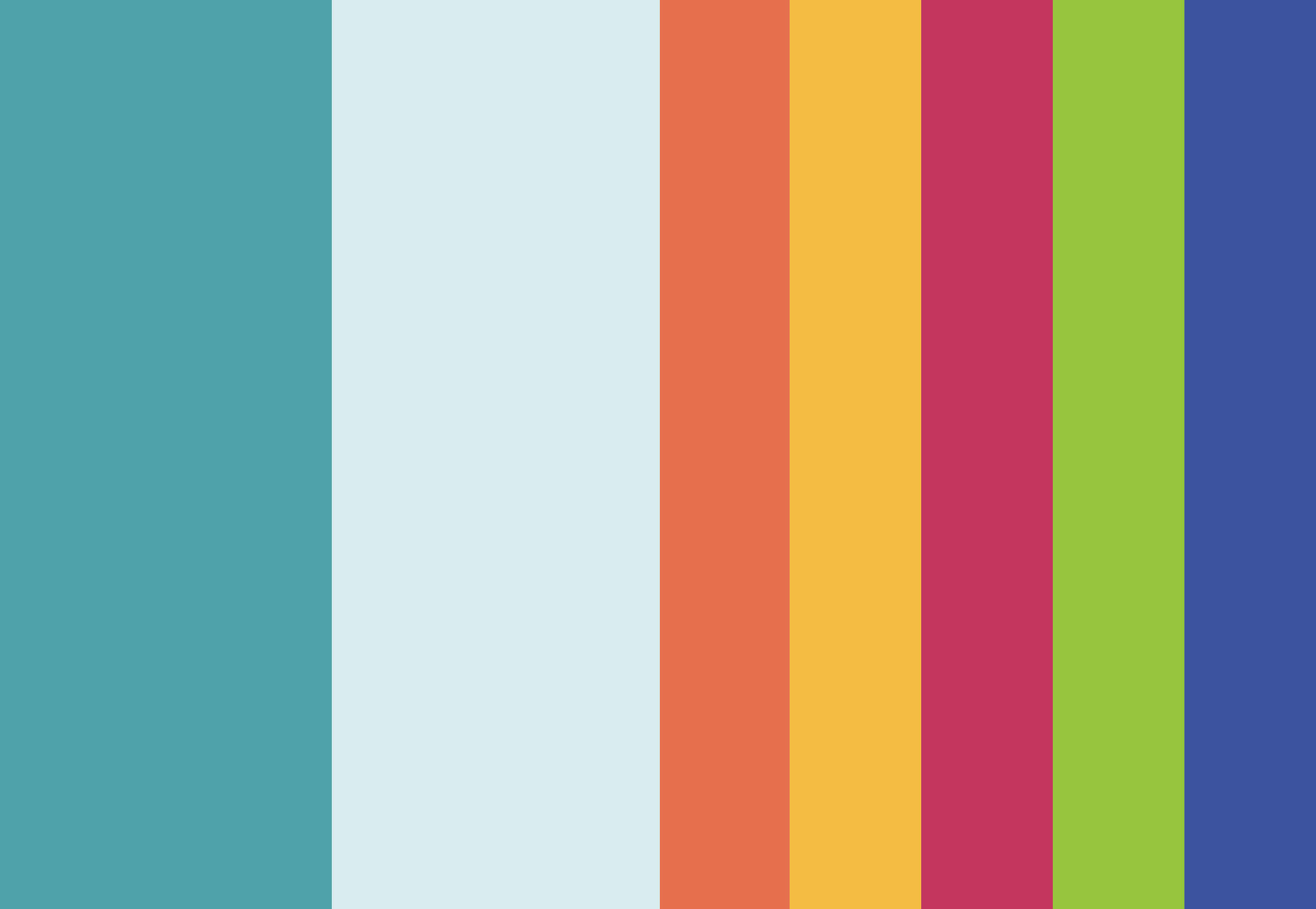 Colour palette for Winterberry brand: Teal, light teal, orange, yellow, cherry, lime, blue.